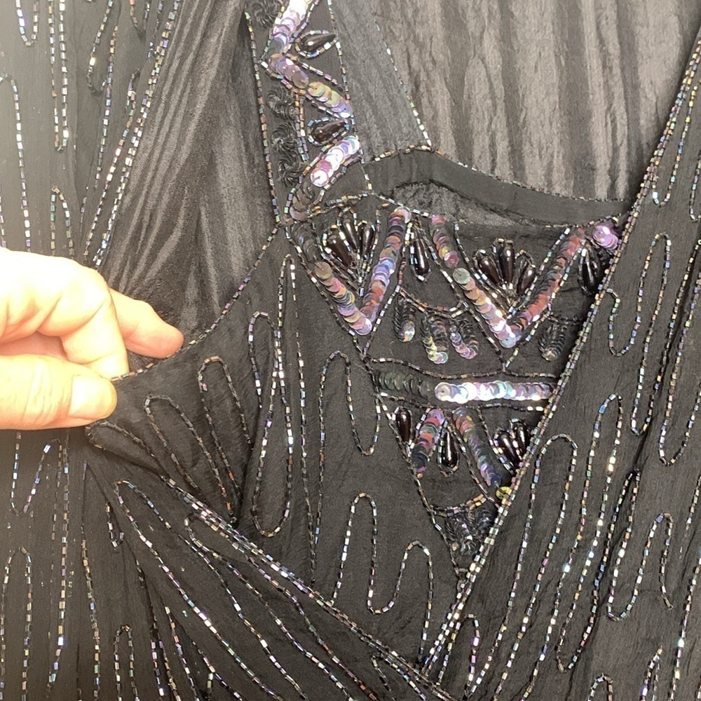 Vintage India Silk Black Beaded Sequin Cocktail Tiered Ruffle Art Deco Dress L - Picture 9 of 15